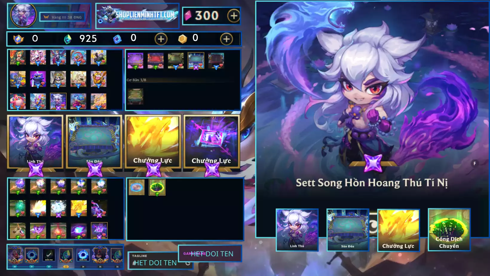 Sett Song Hồn Hoang Thú Kèm Chưởng - Dư 0 Huy Chương - 0 Vàng - 5 Tím - 1 Sàn Tím - Dư 925Pha Lê - 0 Tí Nị Thường - 2 Sàn Đỏ - Chưởng Lực Như Ảnh - Rank TFT Vàng 3